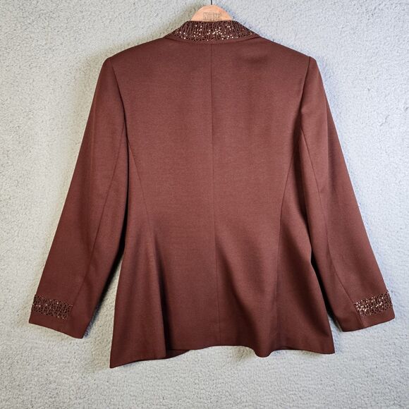 John Meyer Blazer 10 Brown Curved Hem Textured Trim Statement Collar Lined - Picture 5 of 16